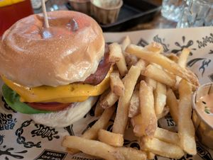 burger with fries and sauce at Mad Mad Vegan - Barcelona in Barcelona
