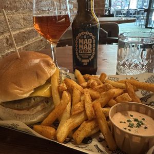 Original Mad Burger with Cajun Fries and Mad Mad Amber Ale  at Mad Mad Vegan - Barcelona in Barcelona