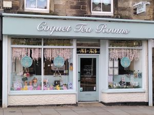 Outside the café (March 2024) at Coquet Tea Rooms in Morpeth