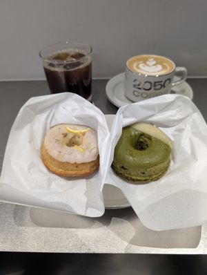 vegan donuts (chamomile and matcha) at 2050 Coffee in Kyoto