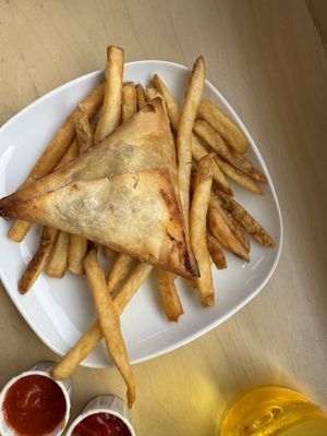 Side order of French fries and Vegan Samosa (stuffed with TVP ground)  at IKEA in Burlington