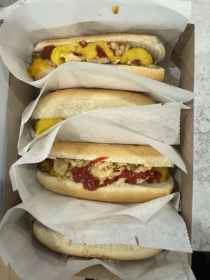 Vegan Hot Dogs with ketchup, mustard and fried onions   at IKEA in Burlington