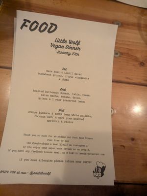 Monthly vegan dinner menu at Little Wolf Restaurant in Edmonton