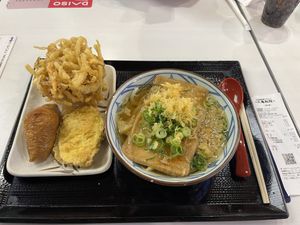 Sweet tofu udon with potato tempura and inari   at Marugame Seimen Aeon Mall KYOTO-Shop in Kyoto