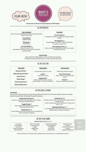 vegan menu at Mary's Place Cafe II in Halifax