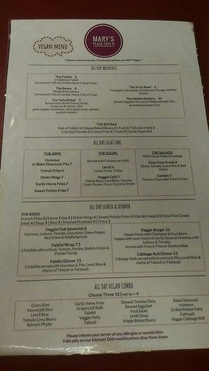 Vegan menu at Mary's Place Cafe II in Halifax