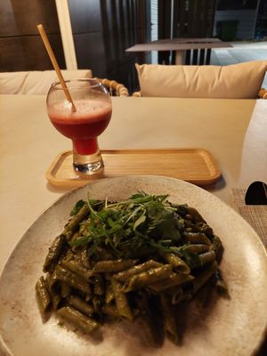 Spinach pesto pasta and watermelon basil juice (can't see from the pic but it is at the marina) at FRESHA in Limassol
