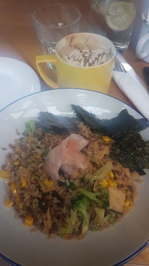 Lovely rice dish with a soy mocha at Green Vege Cafe in Shanghai