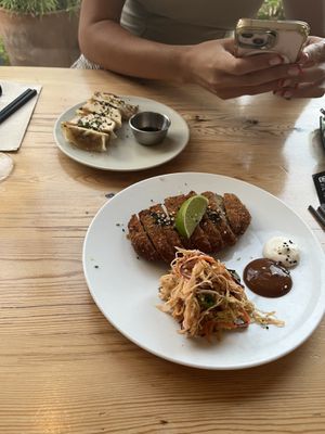 Katsu seitan and  gyozas  at UMAMI Plantbased in Barcelona