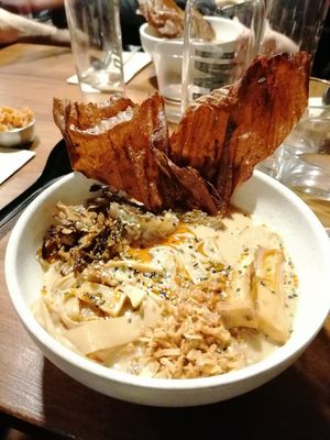 Creamy mushroom ramen at UMAMI Plantbased in Barcelona