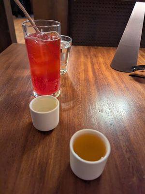 Kombucha + 2 sakes, the plum one was divine at UMAMI Plantbased in Barcelona