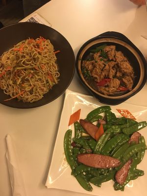 Noodles, stir fried wheat gluten, ‘sausage’ with snow peas  at Su Ren - Veg Inn in Shanghai