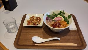 Pho with vegetables and spicy soy meat + Yangnyeom spicy "chicken" at NRT - T's Tantan - T2 in Narita