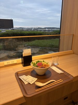 Pho with vegetables and spicy soy based meat with airplane view  at NRT - T's Tantan - T2 in Narita