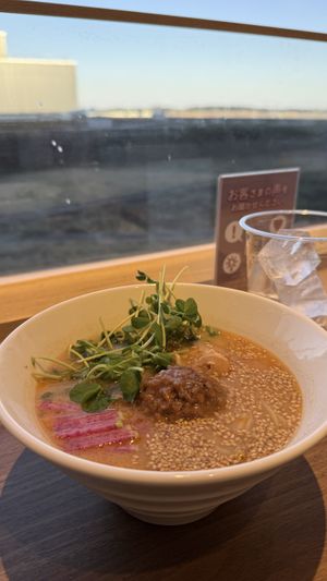 Golden sesame ramen with views over the approach of runway 34R    at NRT - T's Tantan - T2 in Narita