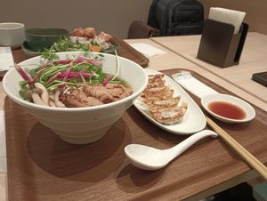 Shoyu ramen with a side of six gyoza. at NRT - T's Tantan - T2 in Narita