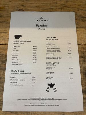 menu drinks at Trullino in Lisbon