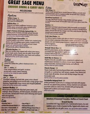 The menu at Great Sage in Clarksville