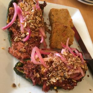 lunch special! bbq jackfruit stuffed poblanos at Great Sage in Clarksville