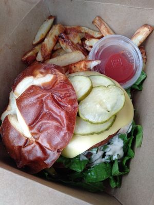 To go burger on pretzel Bunz at Great Sage in Clarksville