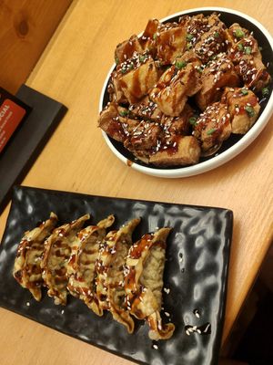 Vegan gyoza and crispy teriyaki tofu (normally both come with vegan mayo too) at Nosh in Verona