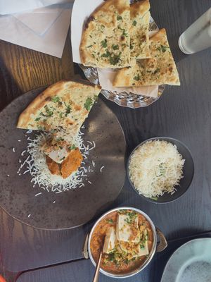 Tofu curry, with rice and garlic naan at The Rasoi in London