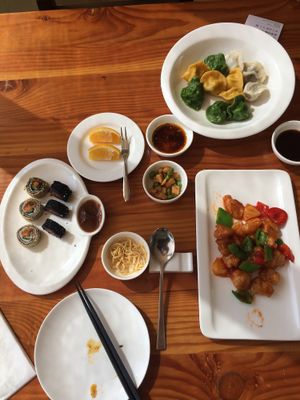 I ate it all -was very good -sweet sour pork, double flavor sushi and dumplings at Zǎozǐ Shù - Vegetarian Life Style - Yuanshen in Shanghai