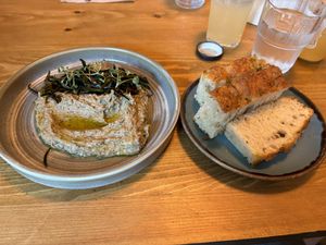 Charred leek dip with focaccia  at The Oxford Blue in Oxford