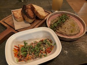 Leek dip & focaccia (top), Gyoza (bottom)  at The Oxford Blue in Oxford