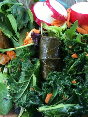 Small selection of amazing vegan food items from salad and food bars at Roots Market in Clarksville