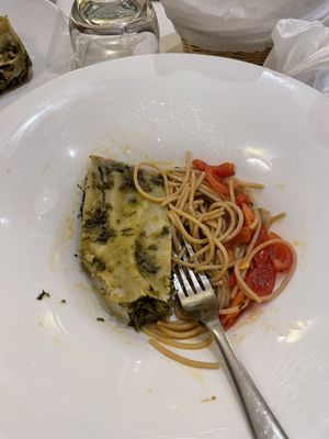Escarole Lasagne mixed with some tomato spaghettii  at Il Lughino in Milan