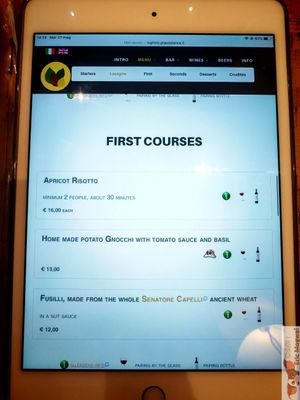 Menu on tablett at Il Lughino in Milan