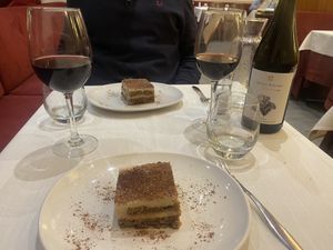 Tiramisu & red winee  at Il Lughino in Milan