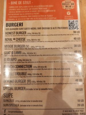 Menu at Burger Van Bistro in Bucharest