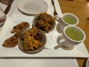 Starters (tomato bruschetta, cauliflower tempura and pea soup)  at The Fitzwilliam Hotel Belfast in Belfast