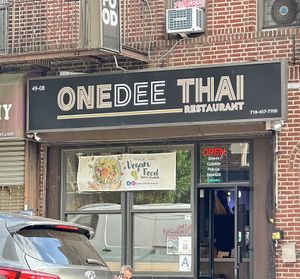 New banner outside advertising vegan options! (May 2025) Glad to see they are doubling down on this!  at Onedee Thai  in Queens