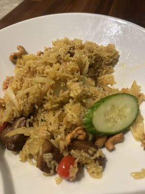 Pineapple curry fried rice from vegan menu, with mock duck   at Onedee Thai  in Queens