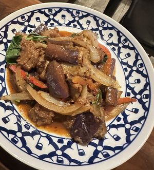 Pad eggplant with mock duck  at Onedee Thai  in Queens