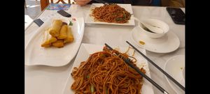 Fried noodles and spring rolls at Huì Yuán Sù Shí Fāng 慧缘素食坊 Lotus Vegan in Shanghai