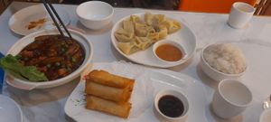 Wontons, spring rolls and a vegan fish and aubergine dish. at Huì Yuán Sù Shí Fāng 慧缘素食坊 Lotus Vegan in Shanghai