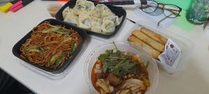 Takeaway - fried noodles, hand-torn Cabbage, spring rolls and wontons.  at Huì Yuán Sù Shí Fāng 慧缘素食坊 Lotus Vegan in Shanghai