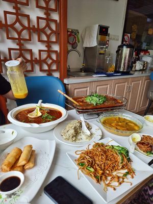 Part of our massive spread for 3. Including fried rice, mock fish and beef hotpots, spring rolls and veg curry. We had to take lots home for tea as portions are big!  at Huì Yuán Sù Shí Fāng 慧缘素食坊 Lotus Vegan in Shanghai
