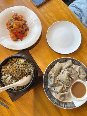 Kungpao pork, fried rice, sesame dumplings  at Lotus Vegan (Huì Yuán Sù Shí Fāng) - 慧缘素食坊 in Shanghai