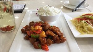 Sweet and Sour pork with rice and something potatoe very yum at Huì Yuán Sù Shí Fāng 慧缘素食坊 Lotus Vegan in Shanghai