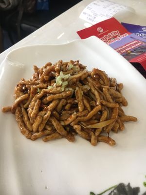 Spicy crispy pork - not very spicy or crispy but still nice  at Huì Yuán Sù Shí Fāng 慧缘素食坊 Lotus Vegan in Shanghai