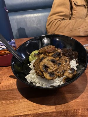 rice bowl with vegan burger patty #Veganuary at Brown Bag Burger  in Flagstaff