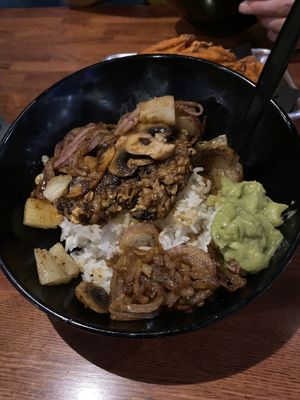rice bowl with vegan burger patty  #Veganuary at Brown Bag Burger  in Flagstaff