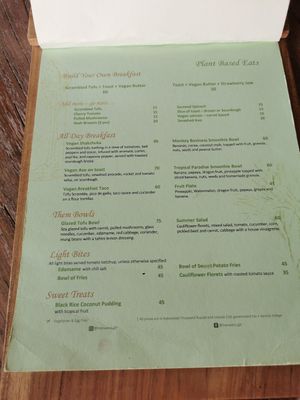 Plant based page from their menu at Mana Anu Cafe in Gili Trawangan