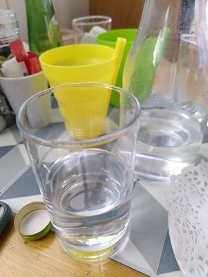 Glass of water (March 2024) at Newmans Garden Centre in Ceredigion