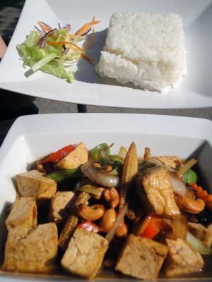 Sympathetic, small Thai restaurant. The staff knows what vegan means. Most portions can be ordered with tofu, vegan. They don't use fish sauce in curries. at Tuk Tuk in Helsinki